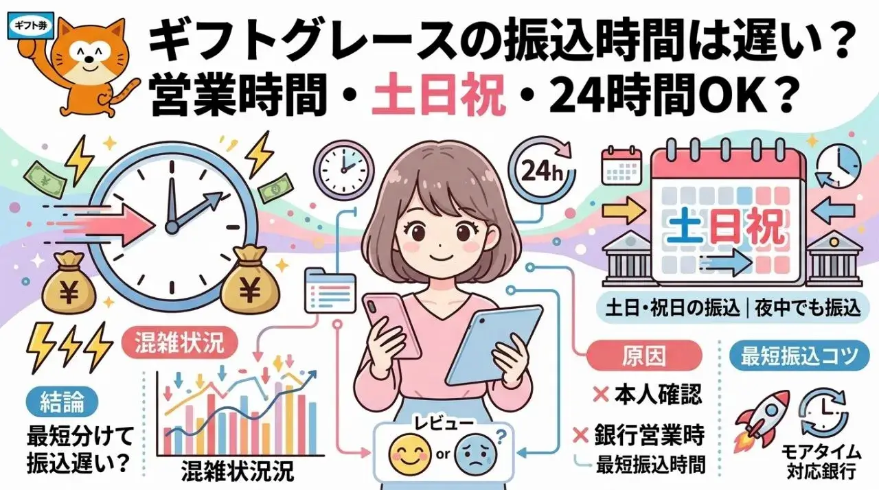 ギフトグレースの振込時間は遅い？営業時間・土日祝・24時間OK？