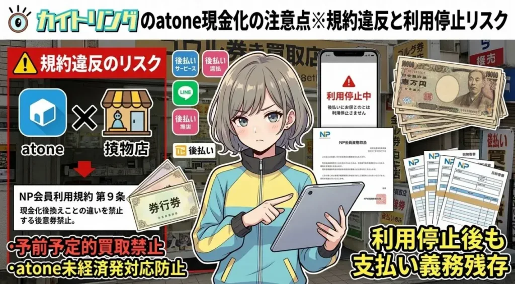 カイトリングのatone現金化の注意点※規約違反と利用停止リスク